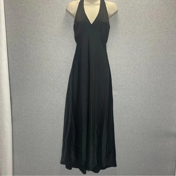 BCBGMaxAzria Black Satin Goth Punk Dark Romantic Empire Waist Halter Maxi Dress - Picture 2 of 7